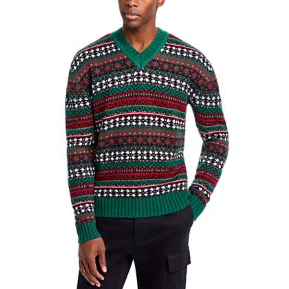 HUGO Sissoh Virgin Wool Blend Fair Isle Relaxed Fit V Neck Sweater Men's XXL